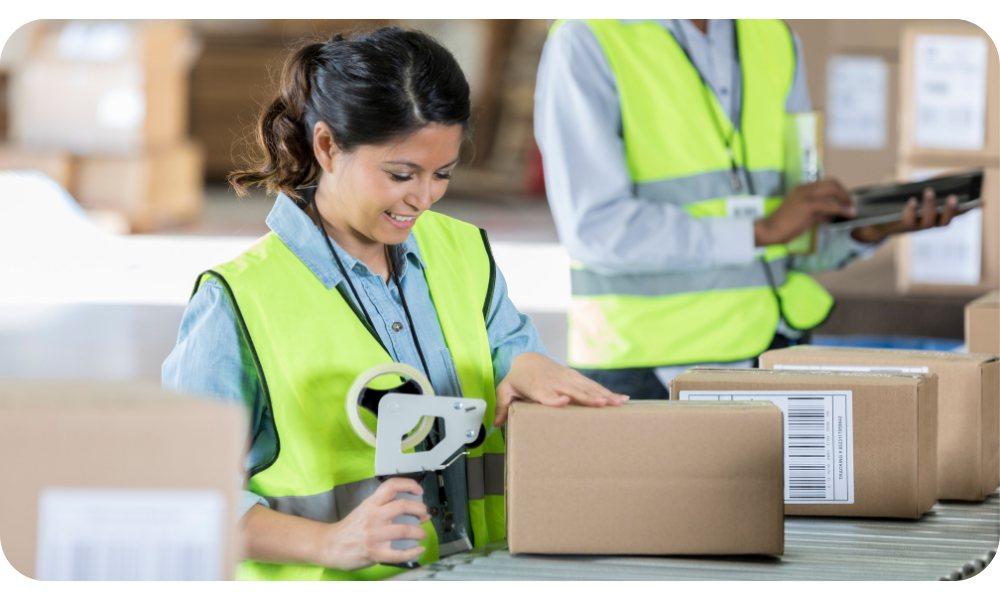 Operaria empacando productos en cajas